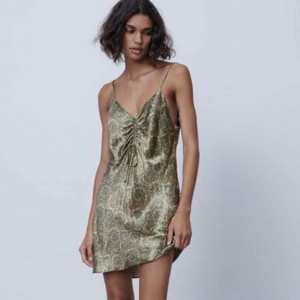 ZARA Paisley Print Ruched Satin Mini Slip Dress - Olive Green